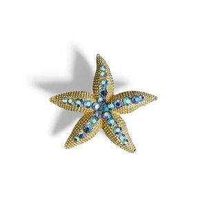 Gold Tone Rhinestone Starfish Brooch Pin Seaside Beach Nautical Jewelry Women